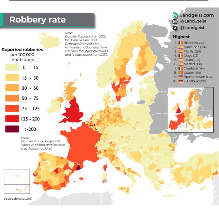 Robbery rate in Europe per 100k inhabitants.