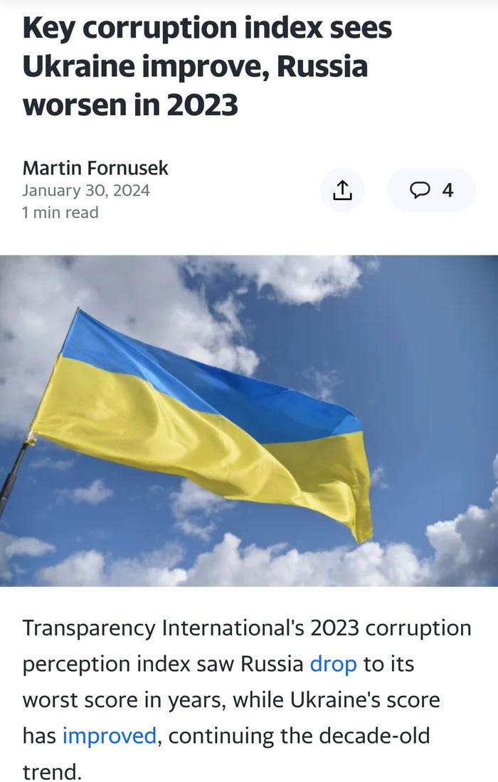 Corruption index: Ukraine improved again (116 -> 104), Russi