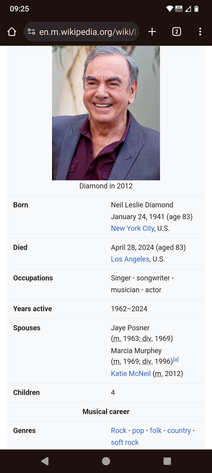 Has Neil Diamond died? Nothing on the news or wider internet