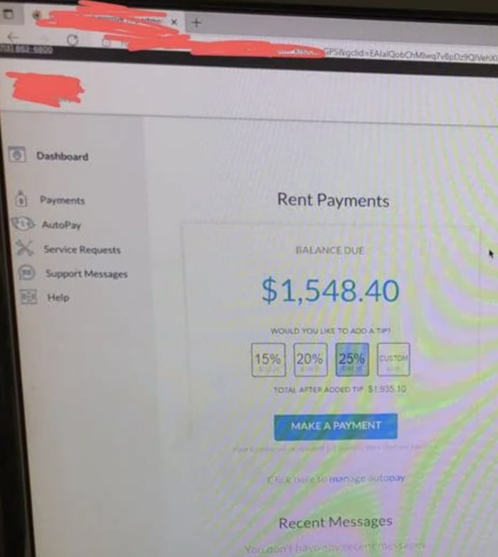 This landlord sent a rent payment request ($1,549) and the t Image